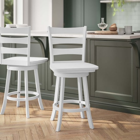 Flash Furniture Liesel Wooden Classic Ladderback Swivel Counter Height Barstool w/Solid Wood Seat, Antique Wht Wsh ES-UN-31WS-24-WH-GG